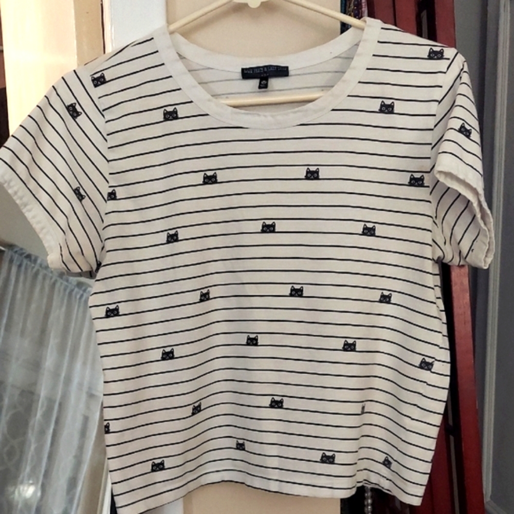 Love Peace & Lazy Days Black Cat White Striped Cotton S/S Crop T-shirt Sz M